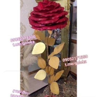 گل فومی تک شاخه پایه دار دکوراتیو قرمز پایه طلایی برگ طلایی ساقه طلایی - گل فومی پایه‌دار گلکا